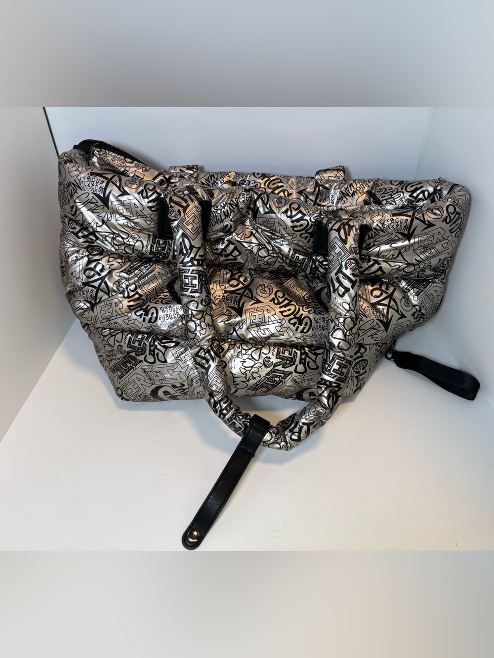 Circus by Sam Edelman silver metallic bag with black graffiti-style lettering